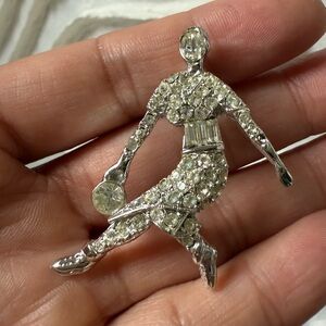 Bowler woman brooch pin silver tone rhinestone action bowling serve strike spare